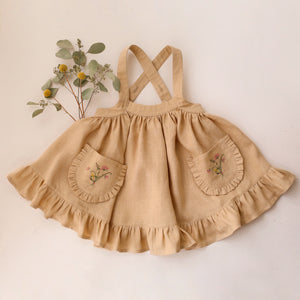 Melon Linen Straps Pinafore with Frills with “Bouquet #1” Embroidery