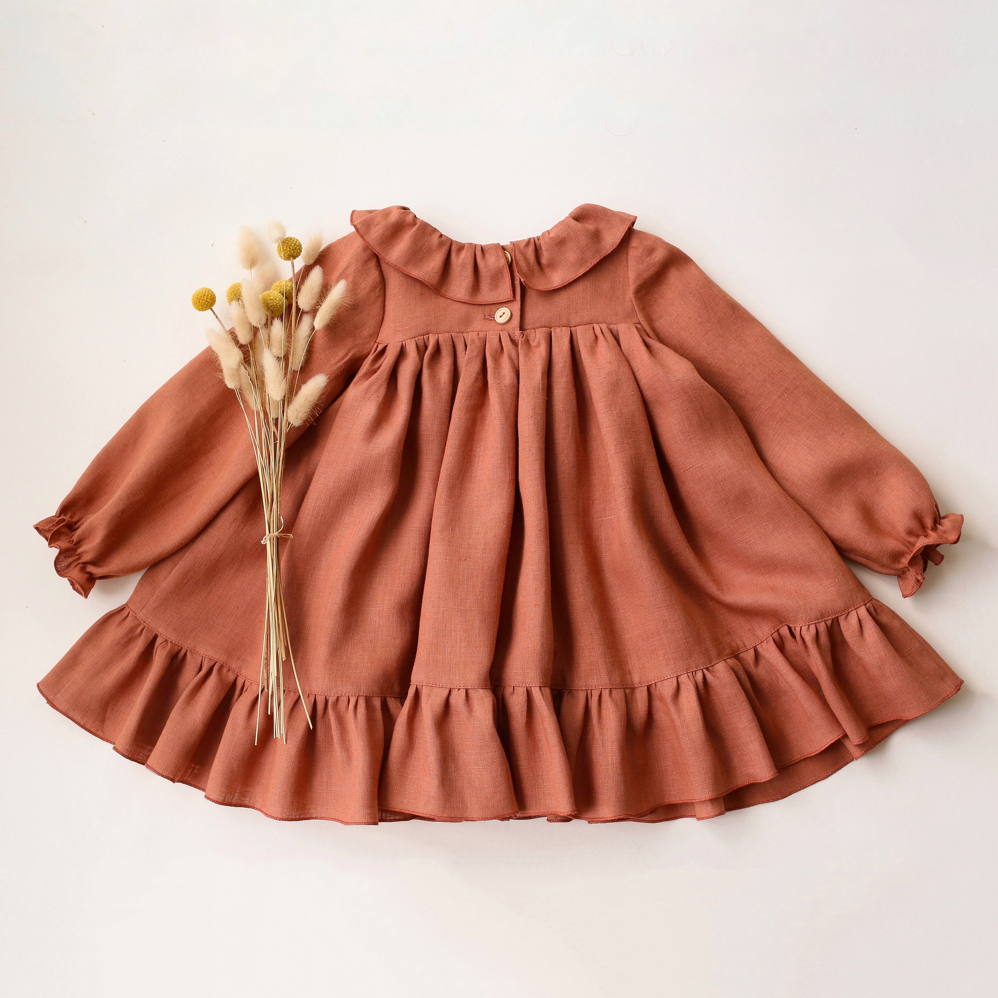 Terracotta Linen Long Sleeve Ruffle Collar Babydoll Bodice Dress