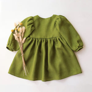 Forest Linen Long Sleeve Button Front Dress with V-Shaped Neckline