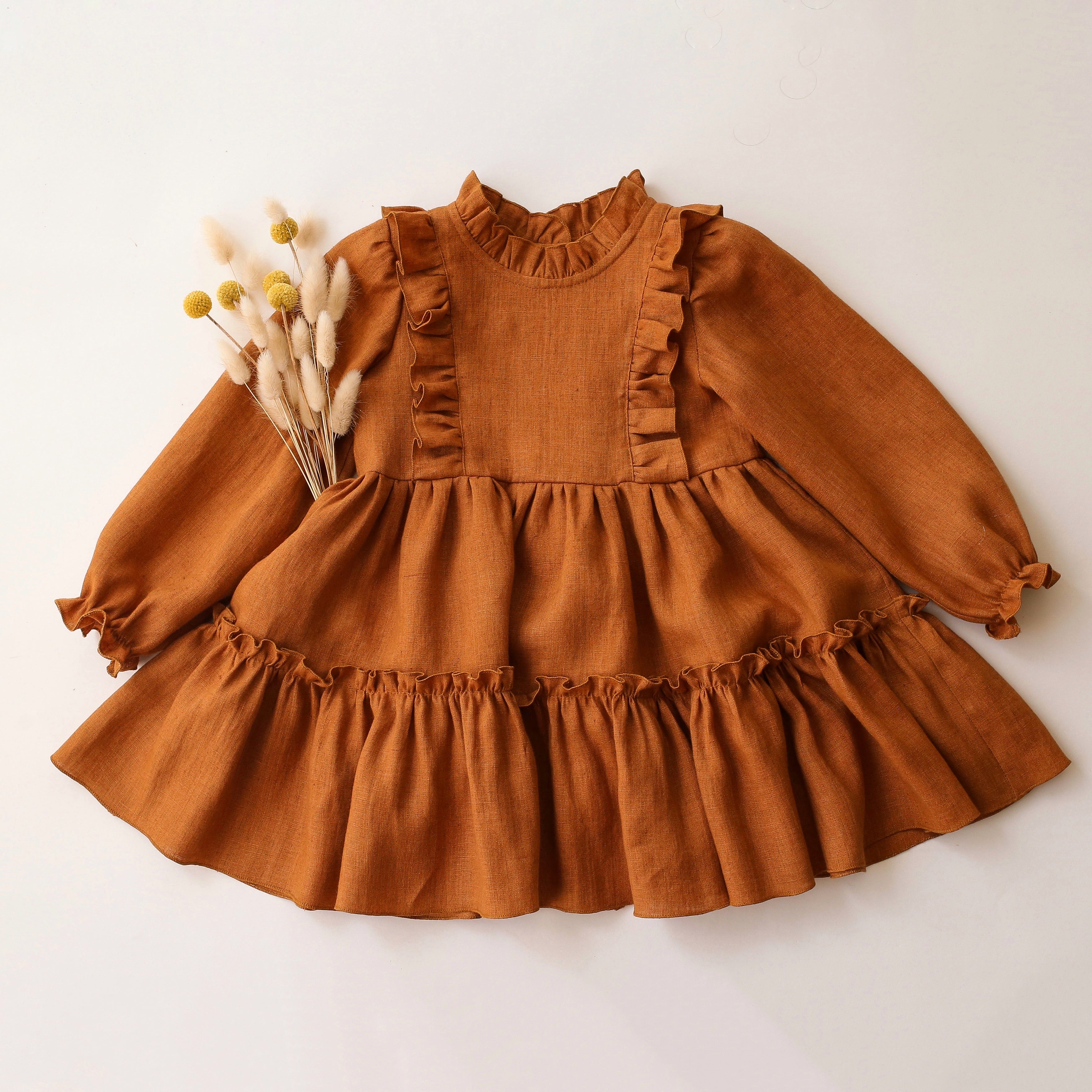 Burnt Orange Linen Long Sleeve Frills Bodice Dress