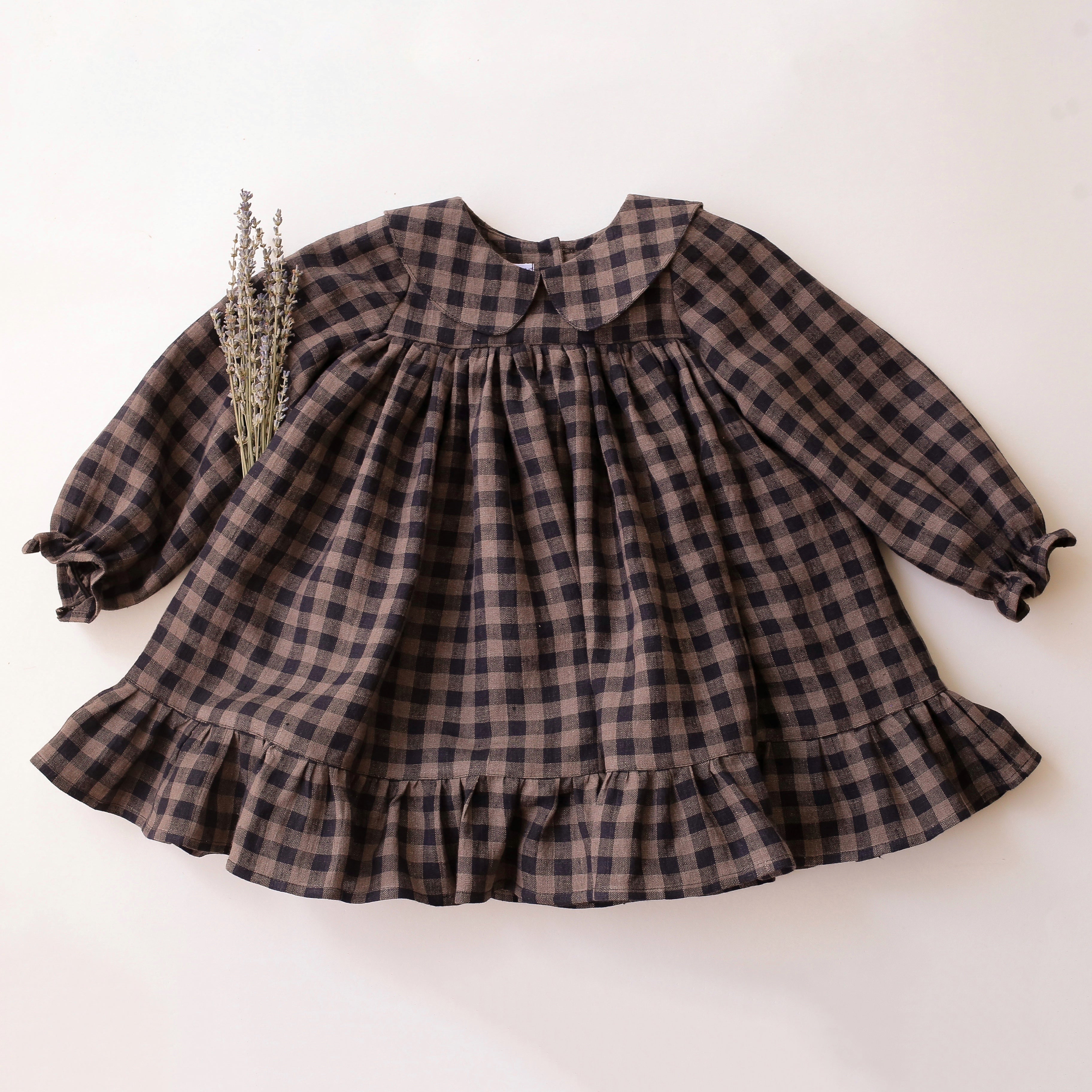 Taupe & Black Check Linen Long Sleeve Peter Pan Collar Babydoll Bodice Dress