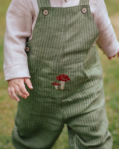 Grass Stripe Linen Kangaroo Pocket Buttoned Dungaree with "Fly Agaric Mushrooms" Embroidery