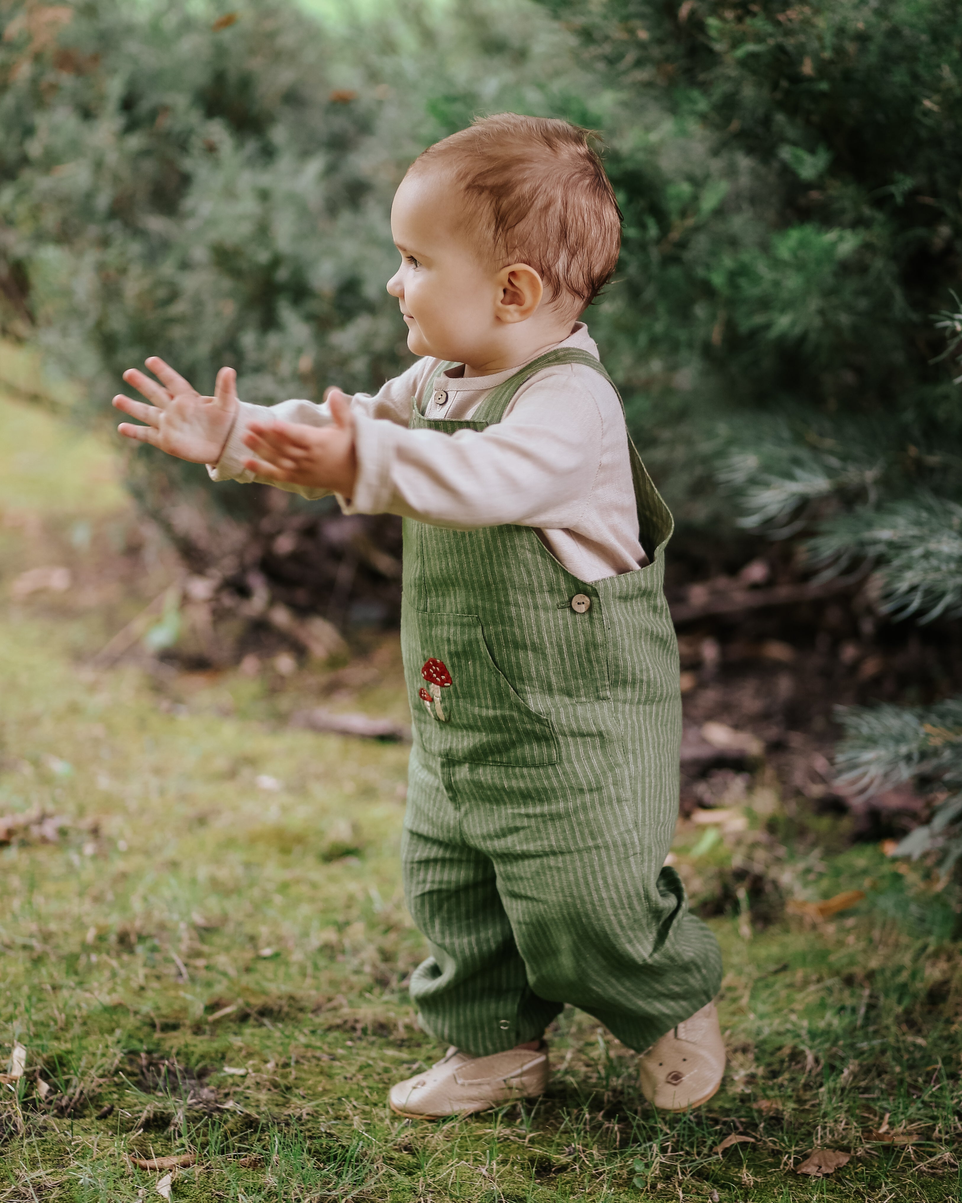 Grass Stripe Linen Kangaroo Pocket Buttoned Dungaree with "Fly Agaric Mushrooms" Embroidery