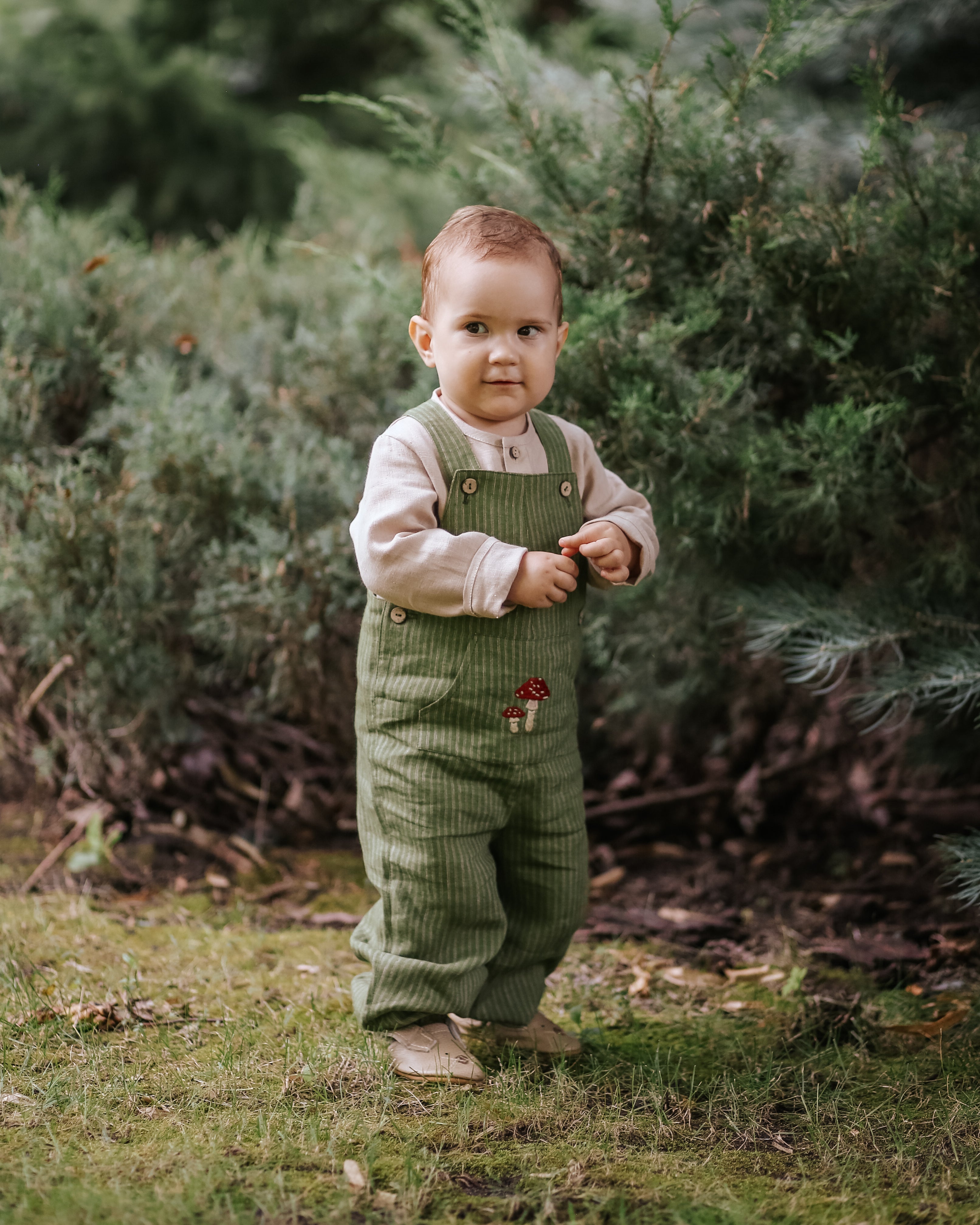 Grass Stripe Linen Kangaroo Pocket Buttoned Dungaree with "Fly Agaric Mushrooms" Embroidery