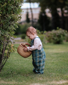 Moss Green Check Linen Dungarees with "Oak Branch" Embroidery