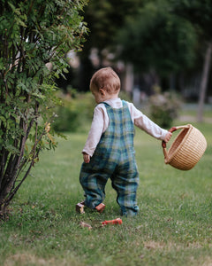 Moss Green Check Linen Dungarees with "Oak Branch" Embroidery