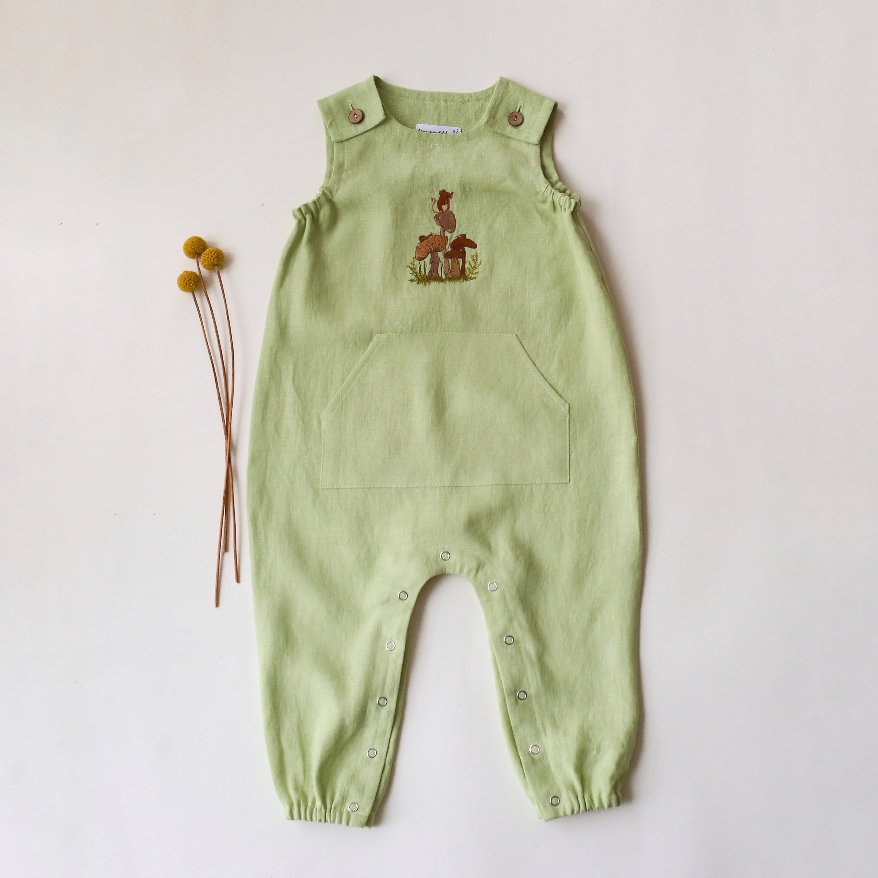Spring Green Linen Shoulder Closure Romper with "Mouse and Mushrooms" Embroidery