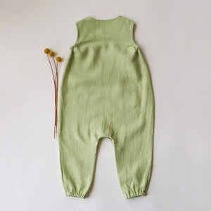 Spring Green Linen Shoulder Closure Romper with "Mouse and Mushrooms" Embroidery