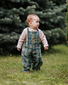 Moss Green Check Linen Dungarees with "Oak Branch" Embroidery