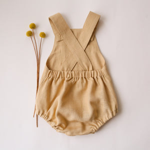 Melon Linen Front Pocket Straps Romper with "Snail on Mushrooms" Embroidery