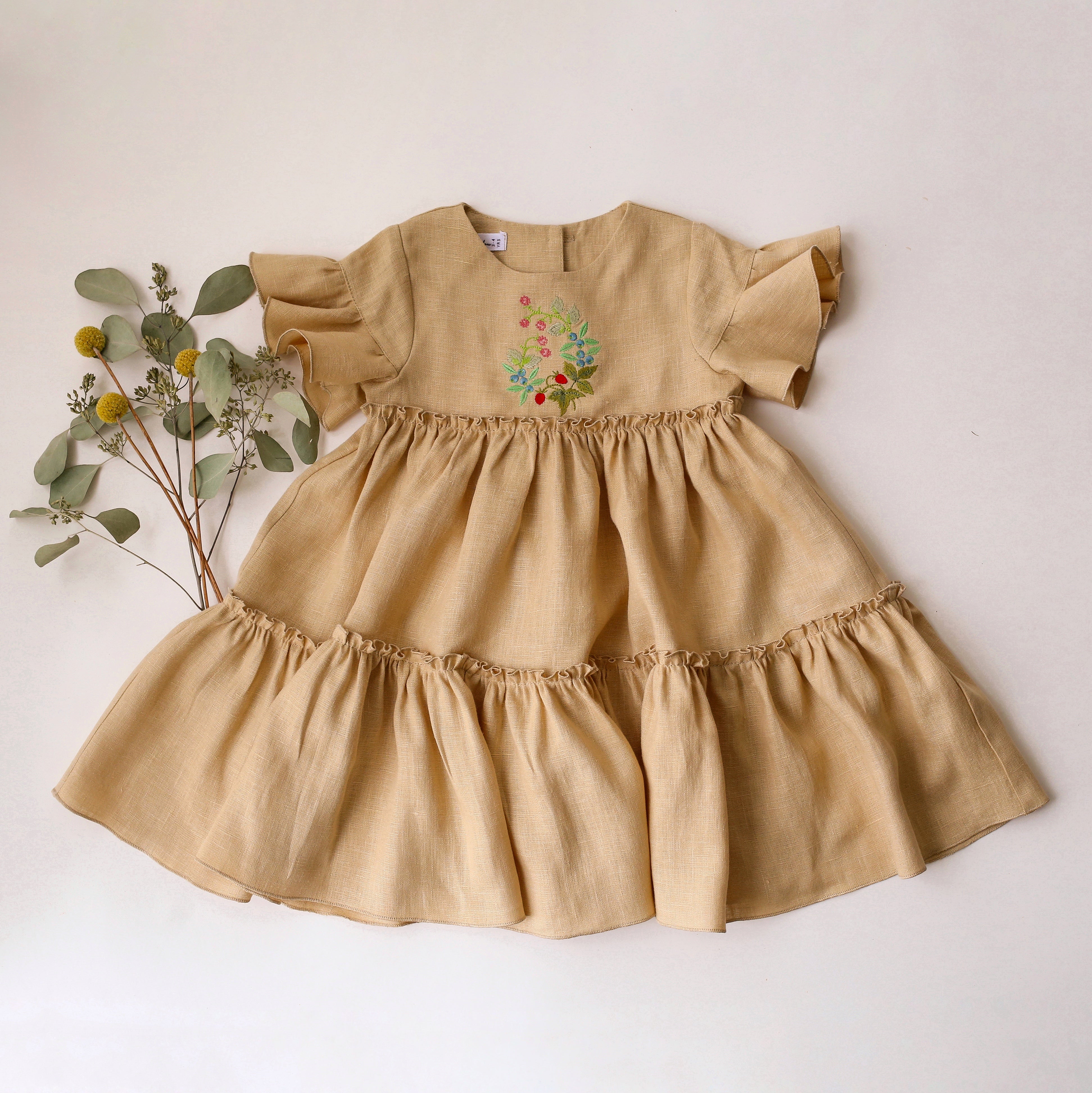 Melon Linen Flounce Sleeve Tiered Dress with "Berries" Embroidery