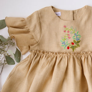 Melon Linen Flounce Sleeve Tiered Dress with "Berries" Embroidery