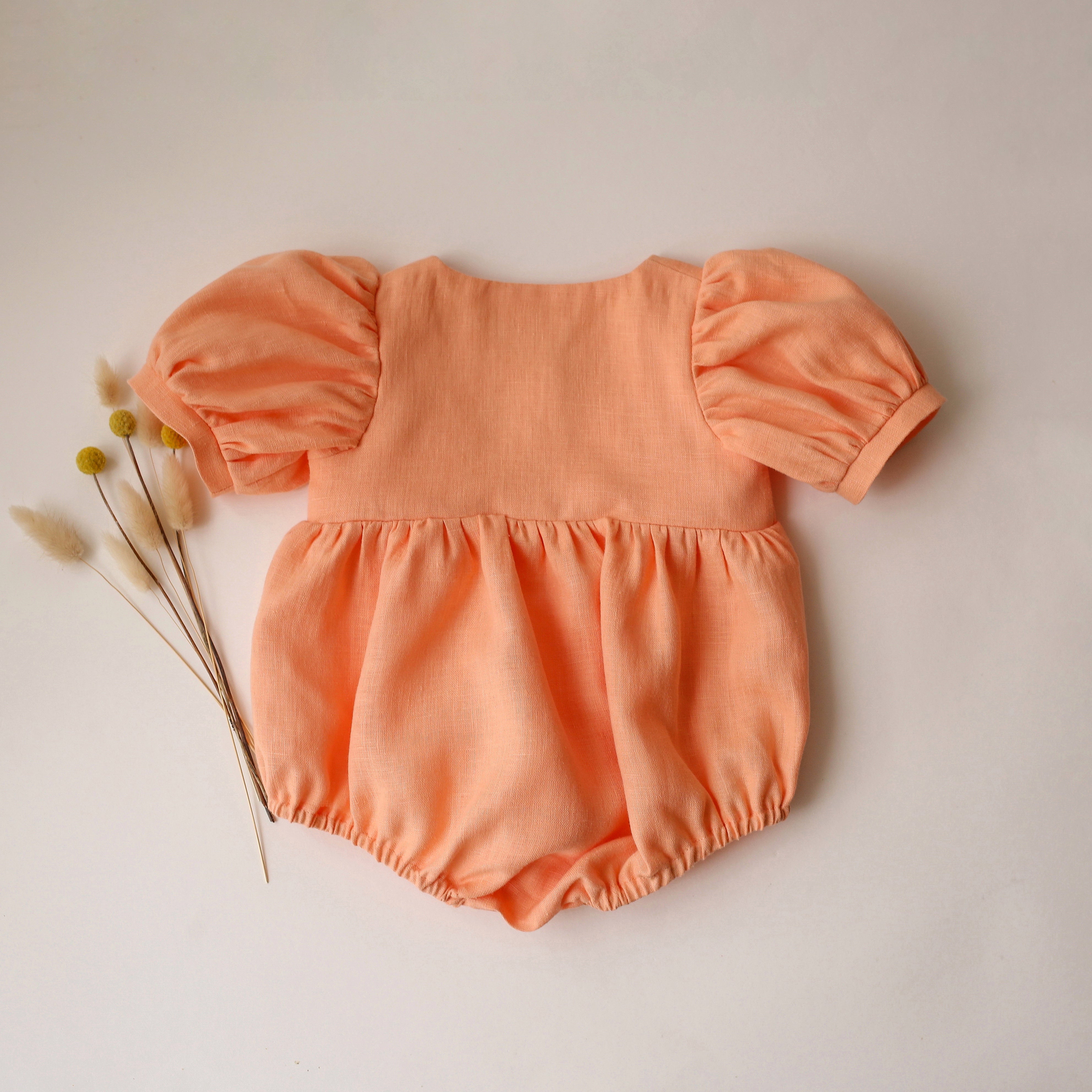 Peach Linen Short Sleeve Button Front Bubble Playsuit with V-Shaped Neckline