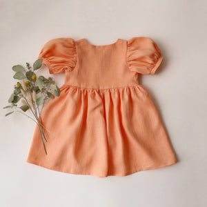 Peach Linen Short Sleeve Button Front Dress with V-Shaped Neckline