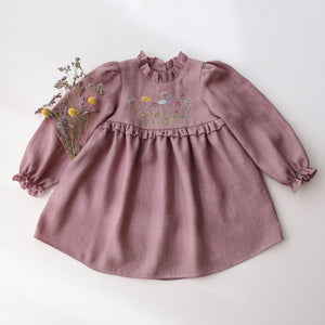 Pale Lilac Linen Long Sleeve Circle Skirt Frills Dress with "Clover Meadow" Embroidery