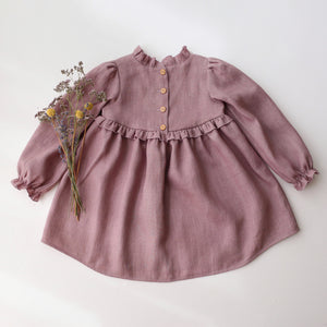 Pale Lilac Linen Long Sleeve Circle Skirt Frills Dress with "Clover Meadow" Embroidery