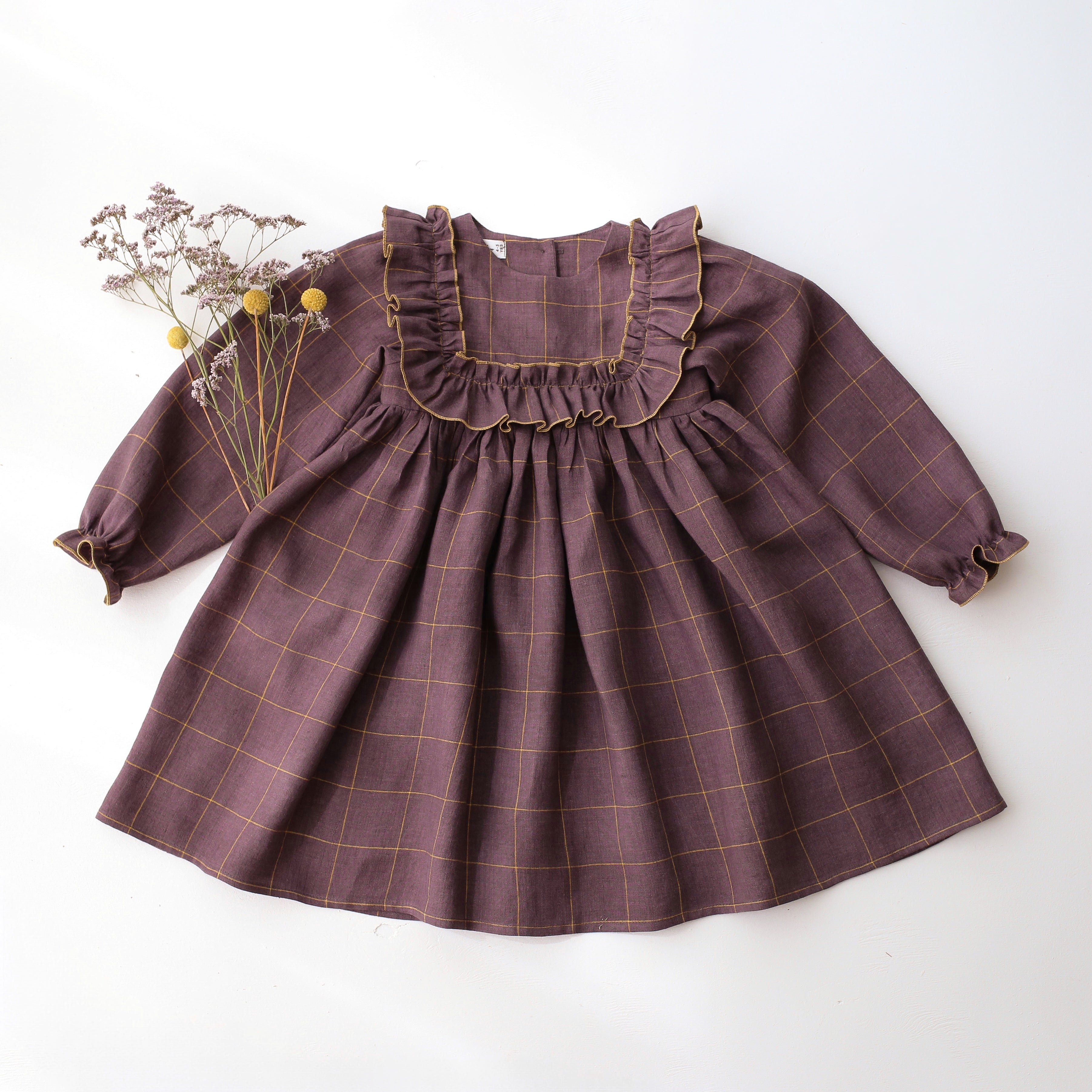 Plum Check Linen Long Sleeve Dress with Wide Bodice Ruffle