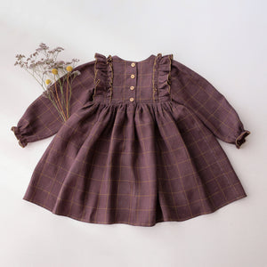 Plum Check Linen Long Sleeve Dress with Wide Bodice Ruffle