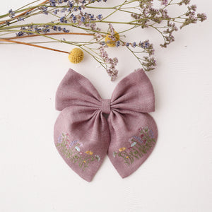 Embroidered Hair Bow with "Clover Meadow" Embroidery in Pale Lilac Linen