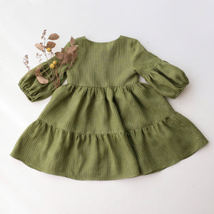 Grass Stripe Linen Lantern Sleeve Tiered Dress