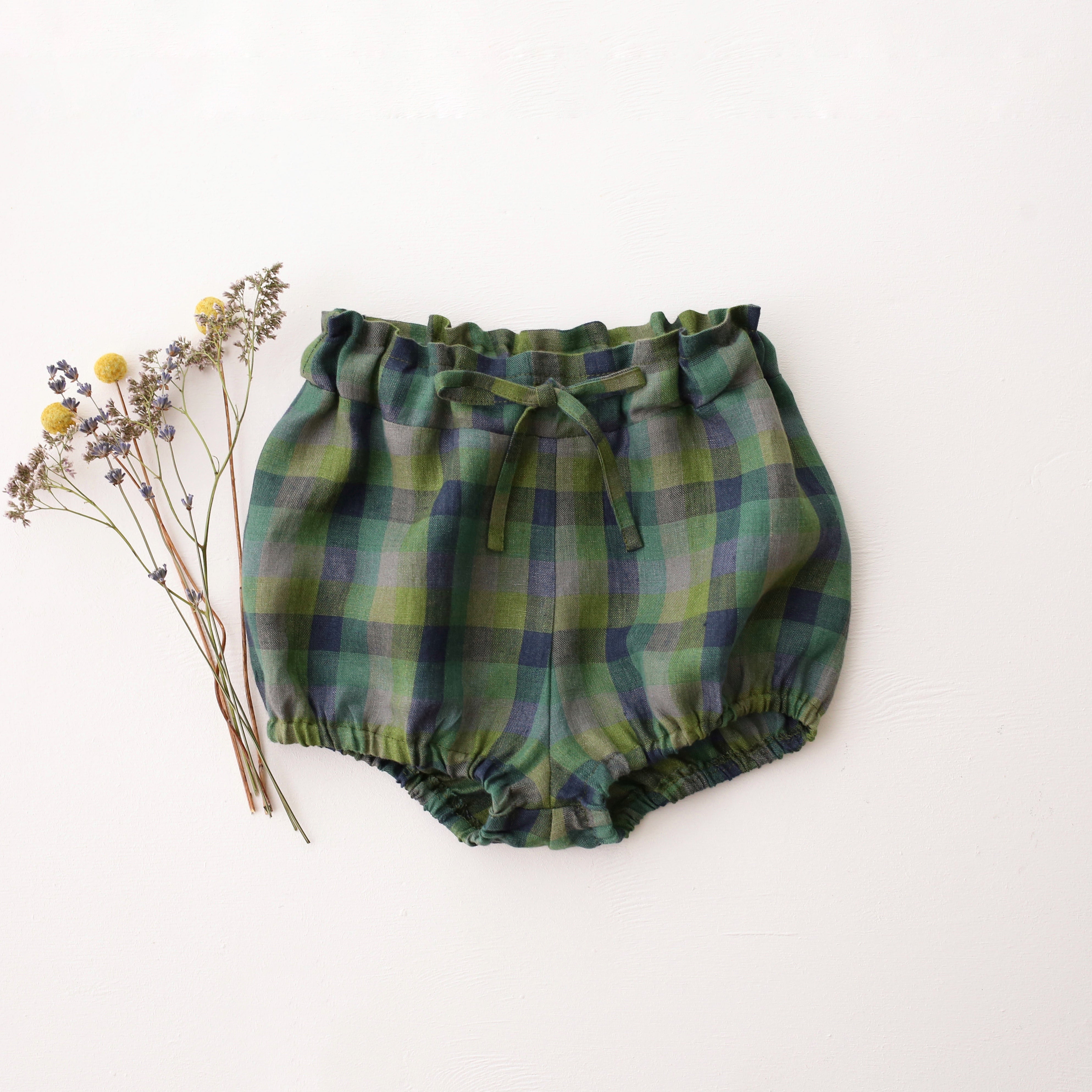 Moss Green Check Linen Bubble Shorts