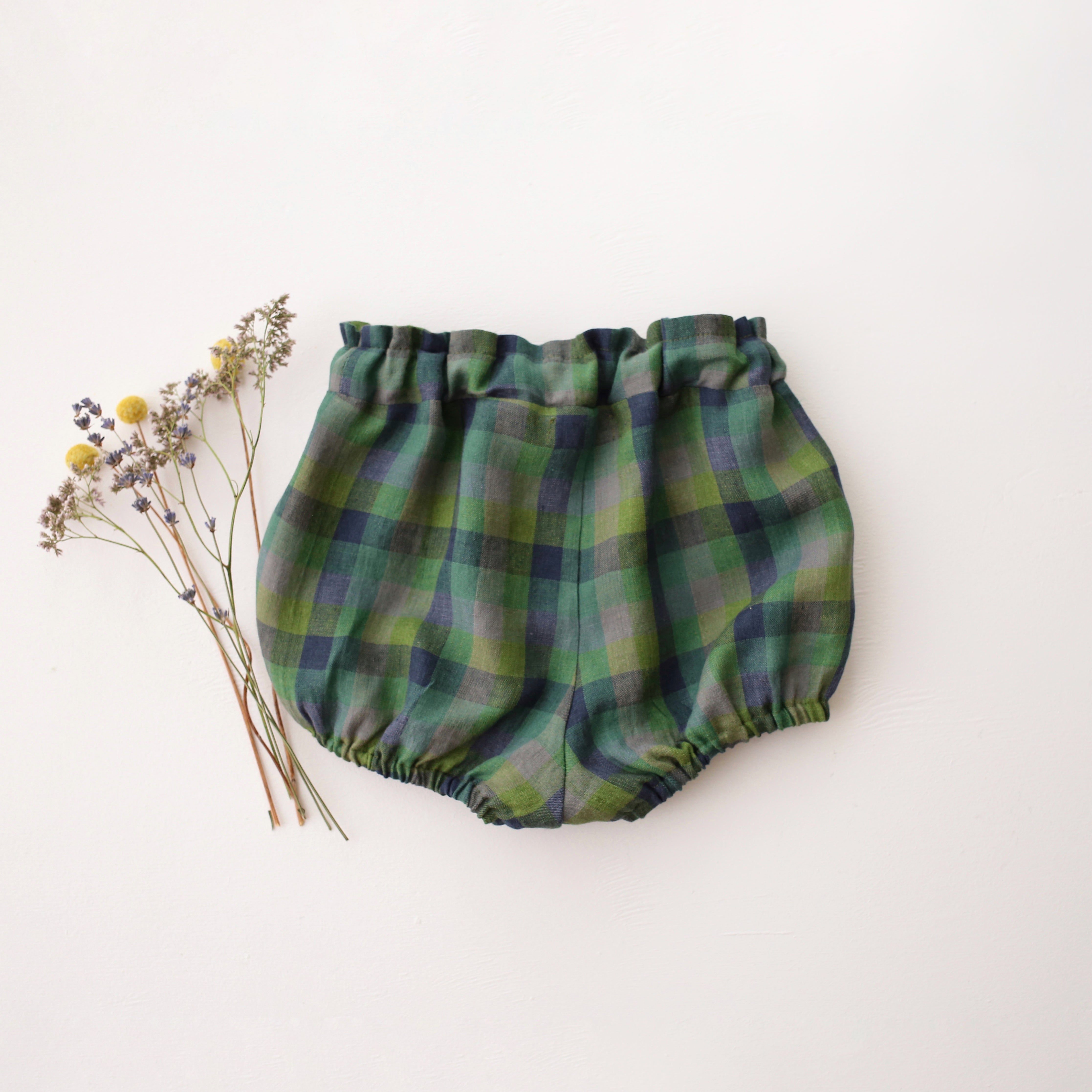 Moss Green Check Linen Bubble Shorts