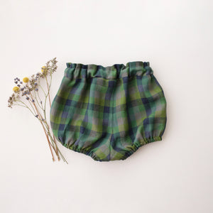 Moss Green Check Linen Bubble Shorts