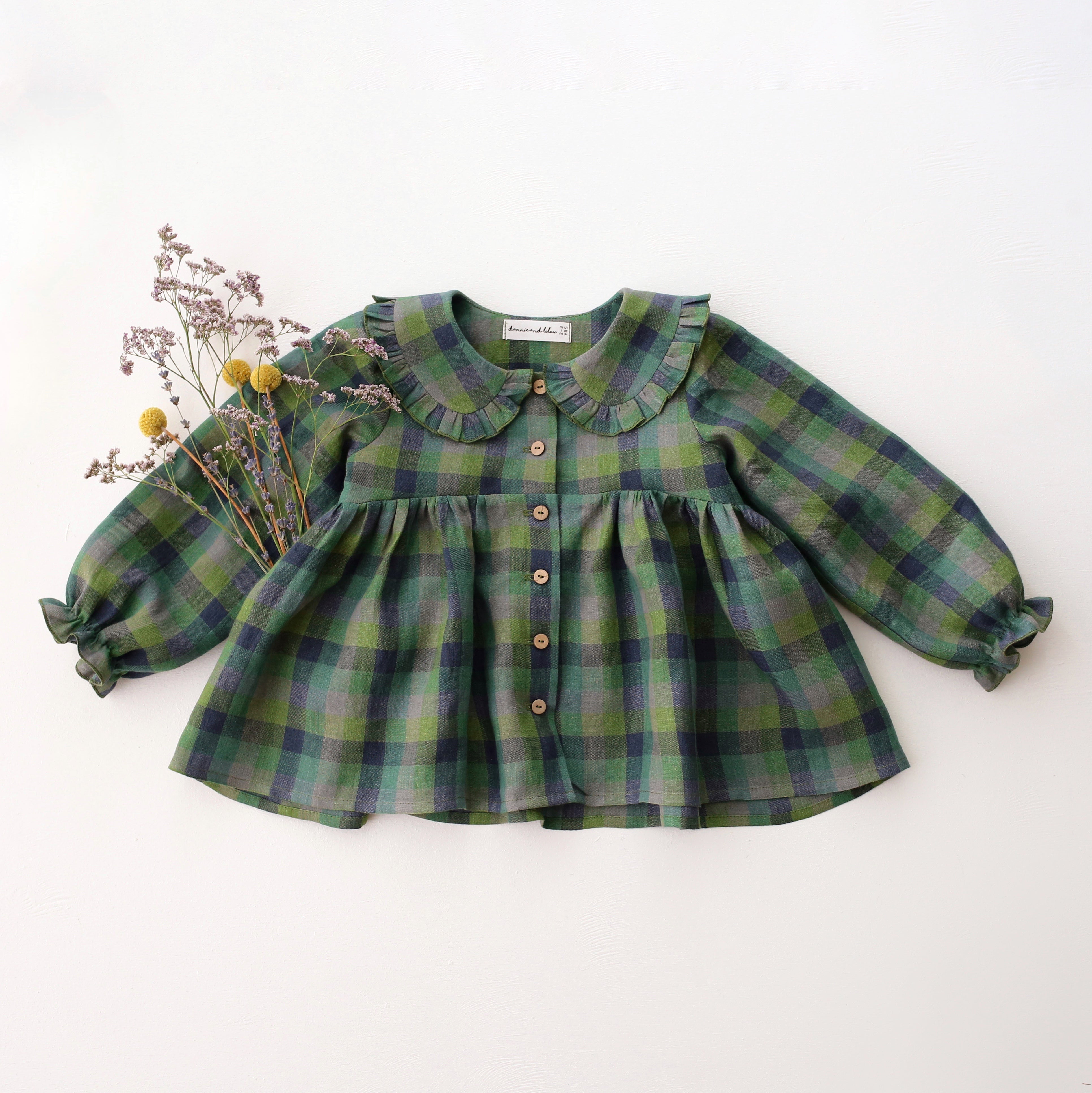 Moss Green Check Linen Long Sleeve Frilled Collar Curved Waistline Blouse