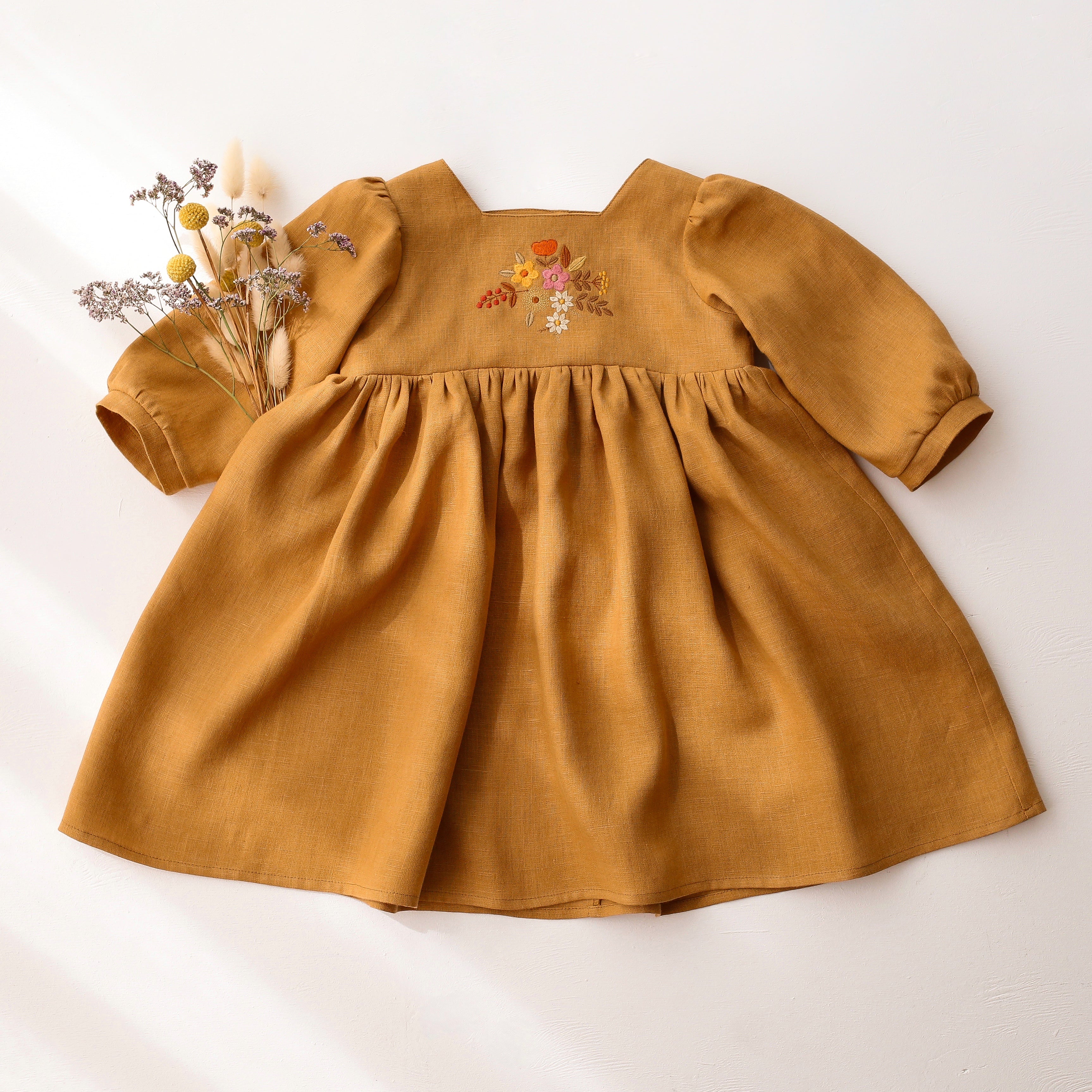 Mustard Linen 3/4 Length Sleeve Square Neckline Dress with "Autumn Flowers" Embroidery