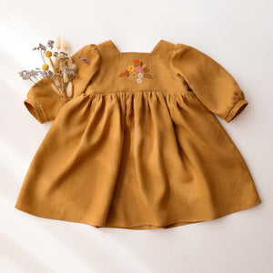 Mustard Linen 3/4 Length Sleeve Square Neckline Dress with "Autumn Flowers" Embroidery