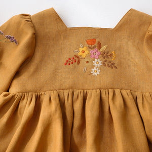 Mustard Linen 3/4 Length Sleeve Square Neckline Dress with "Autumn Flowers" Embroidery