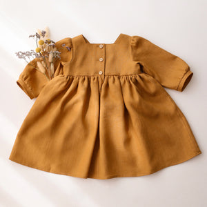 Mustard Linen 3/4 Length Sleeve Square Neckline Dress with "Autumn Flowers" Embroidery