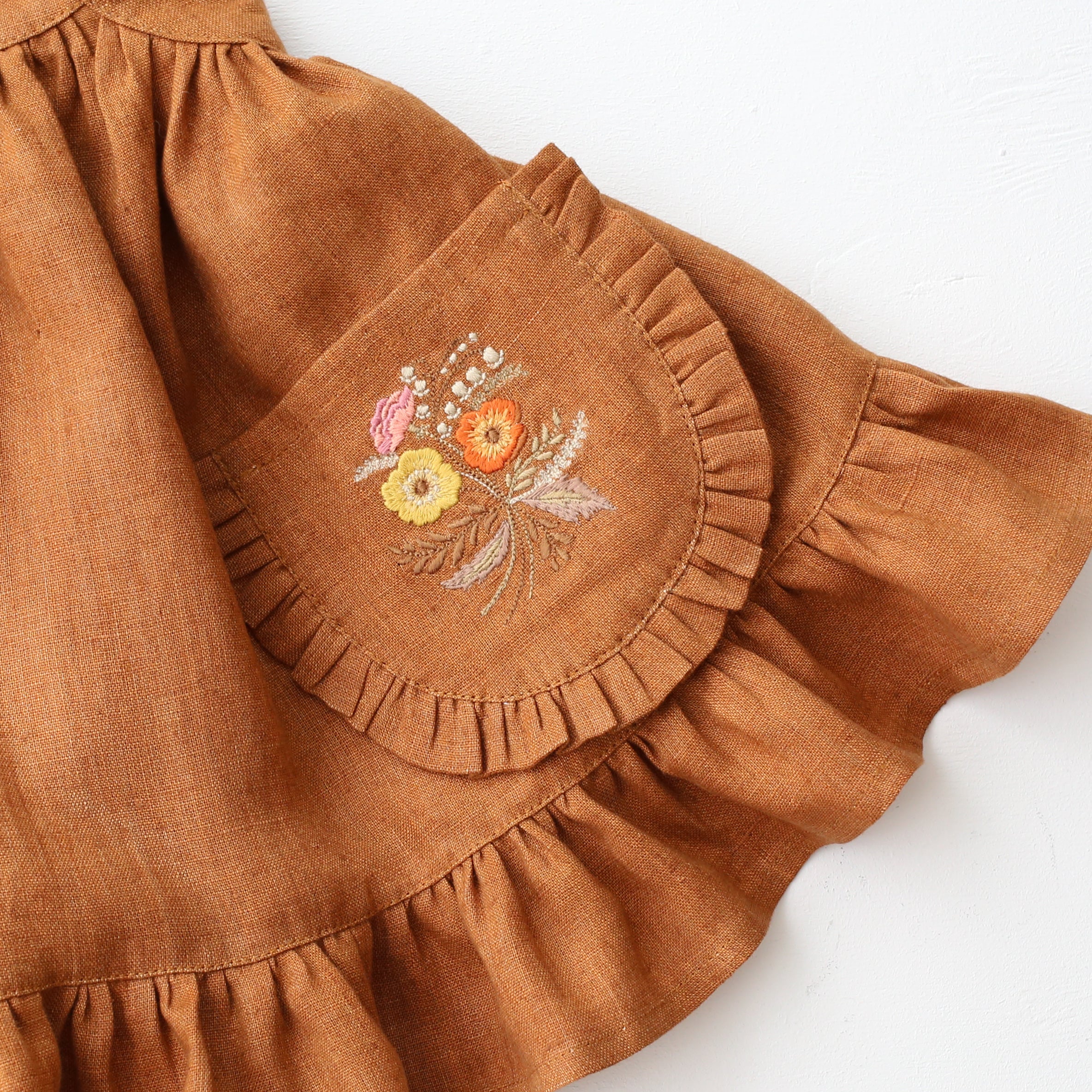 Burnt Orange Linen Straps Pinafore with Frills with “Autumn Bouquet” Embroidery