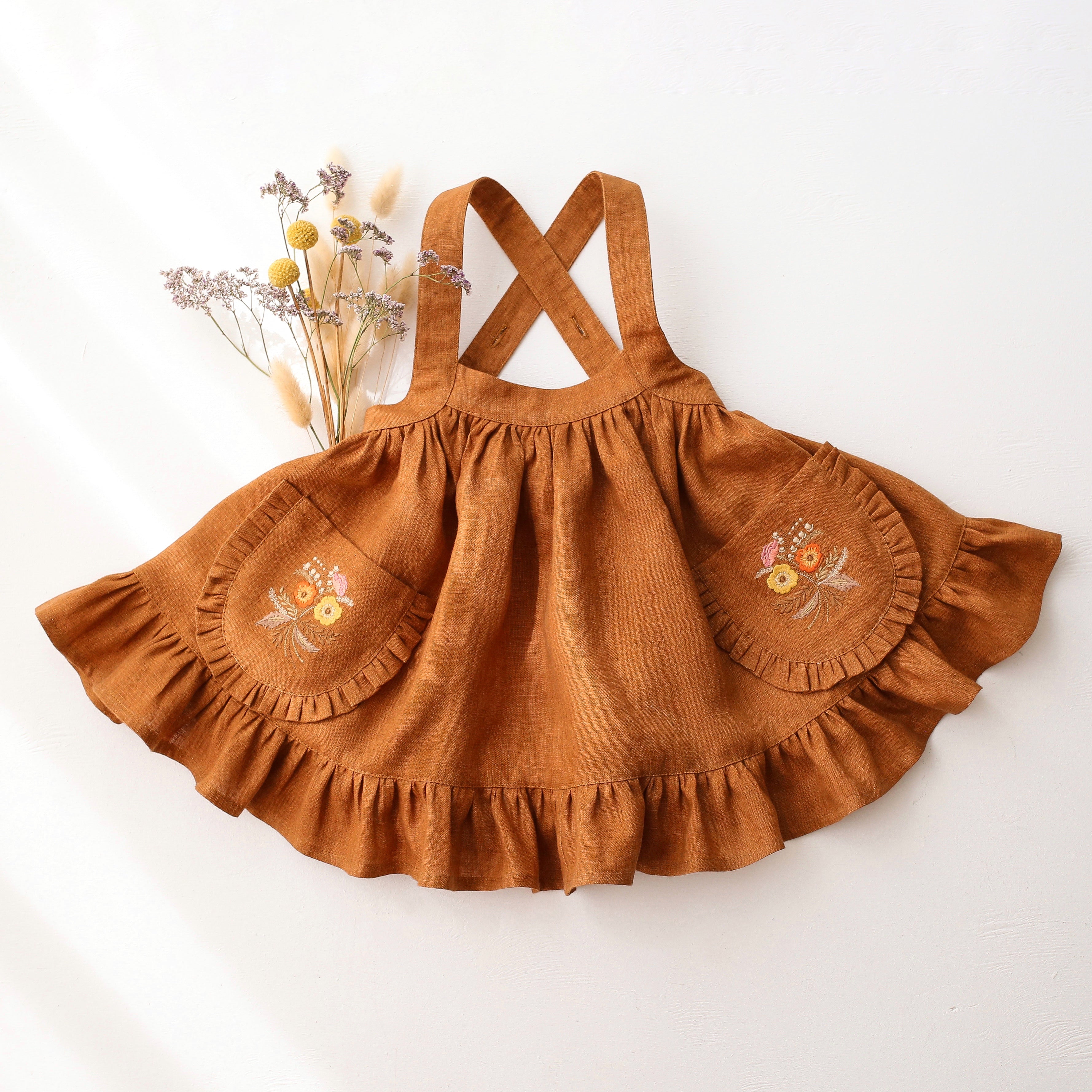 Burnt Orange Linen Straps Pinafore with Frills with “Autumn Bouquet” Embroidery