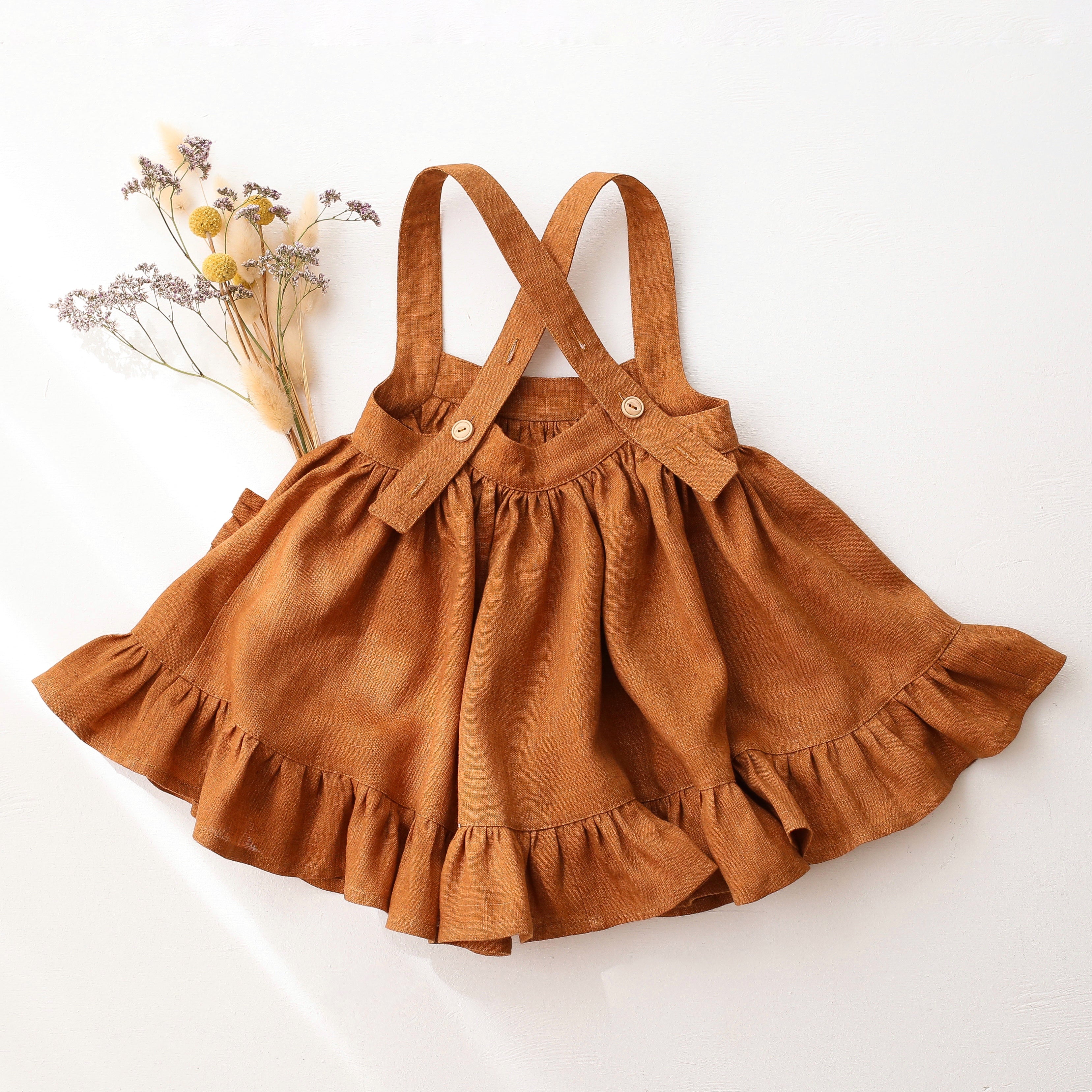 Burnt Orange Linen Straps Pinafore with Frills with “Autumn Bouquet” Embroidery