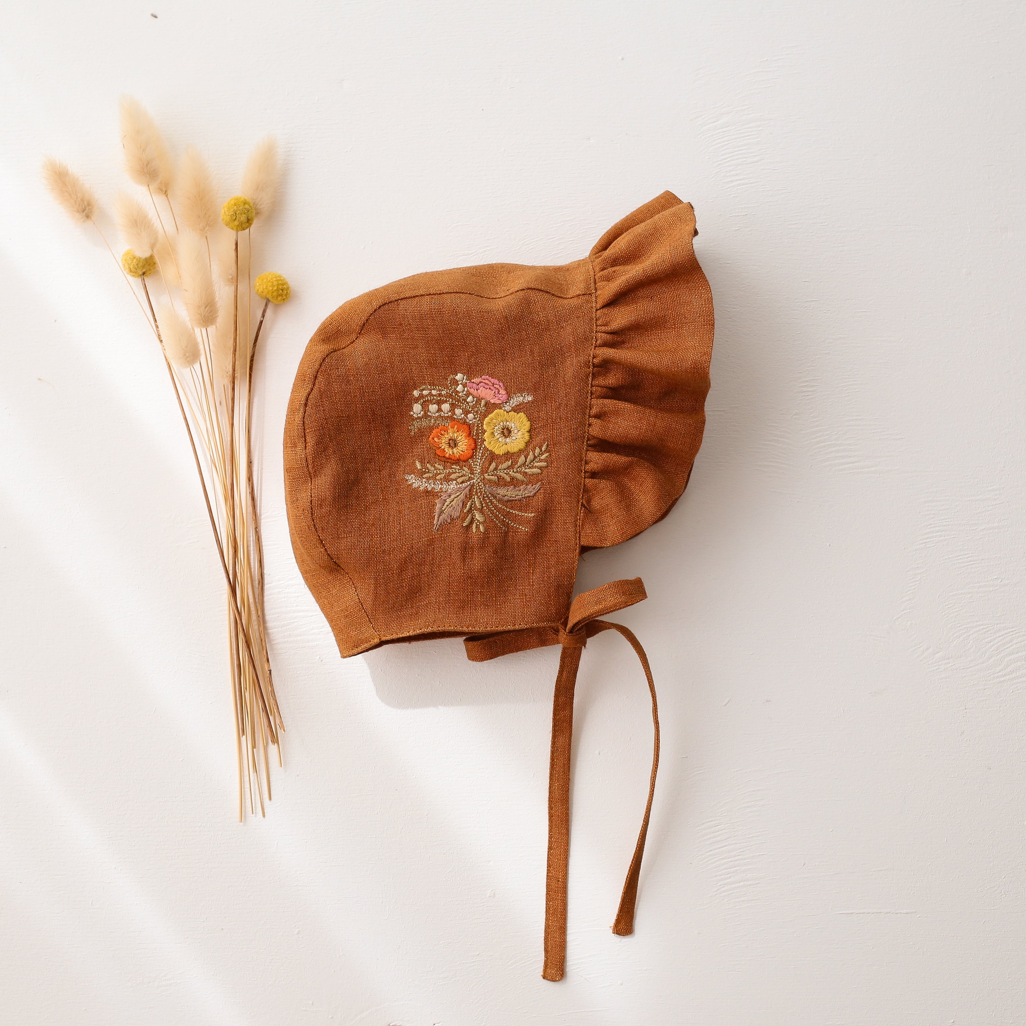 Burnt Orange Linen Ruffle Brimmed Bonnet with “Autumn Bouquet” Embroidery