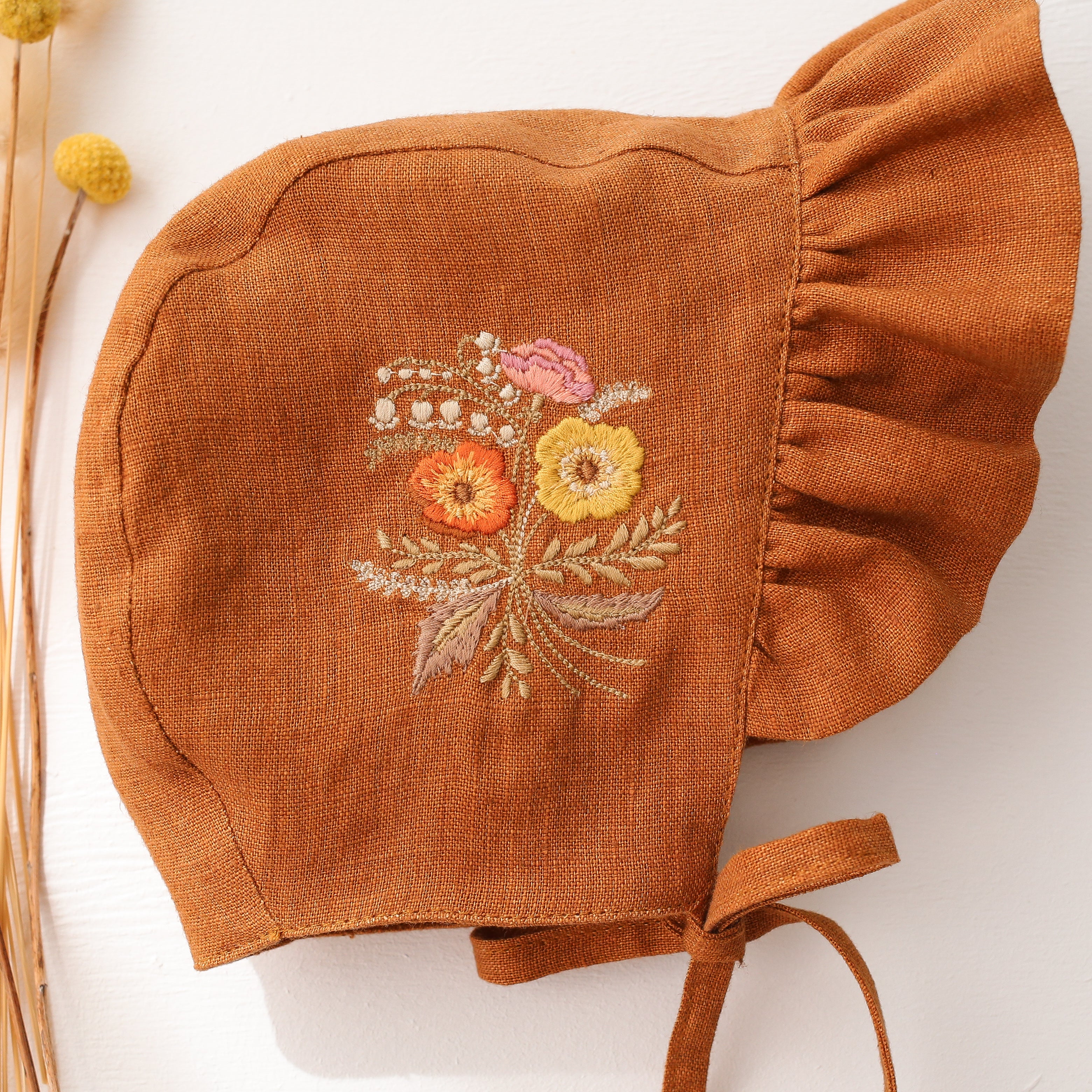 Burnt Orange Linen Ruffle Brimmed Bonnet with “Autumn Bouquet” Embroidery