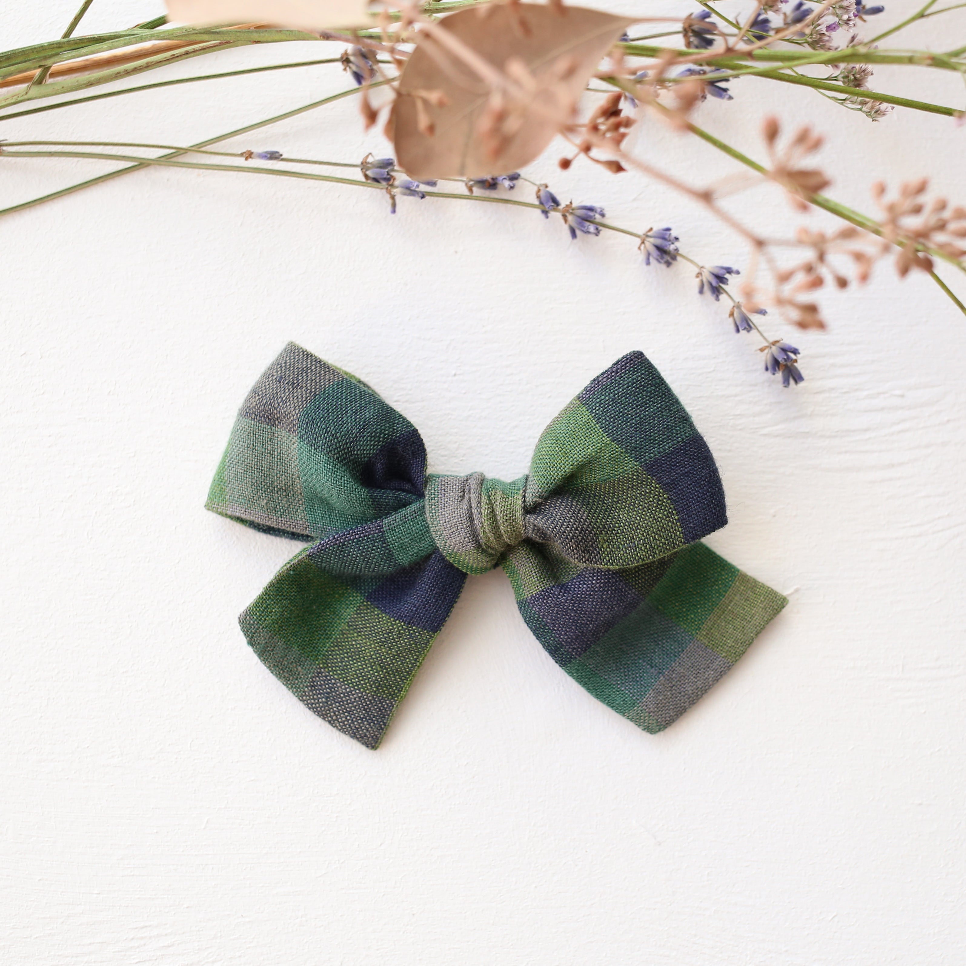 Freya Hair Bow in Moss Green Check Linen