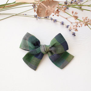 Freya Hair Bow in Moss Green Check Linen