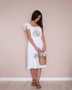 Women - Milk Linen Flutter Sleeve Square Neckline Dress with "Wildflowers with Butterfly" Embroidery