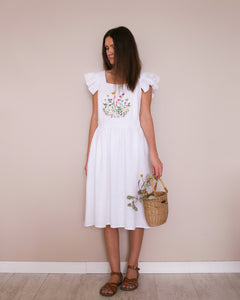 Women - Milk Linen Flutter Sleeve Square Neckline Dress with "Wildflowers with Butterfly" Embroidery