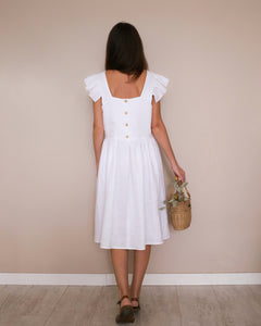 Women - Milk Linen Flutter Sleeve Square Neckline Dress with "Wildflowers with Butterfly" Embroidery