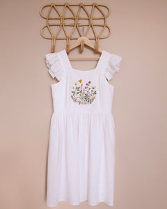 Women - Milk Linen Flutter Sleeve Square Neckline Dress with "Wildflowers with Butterfly" Embroidery