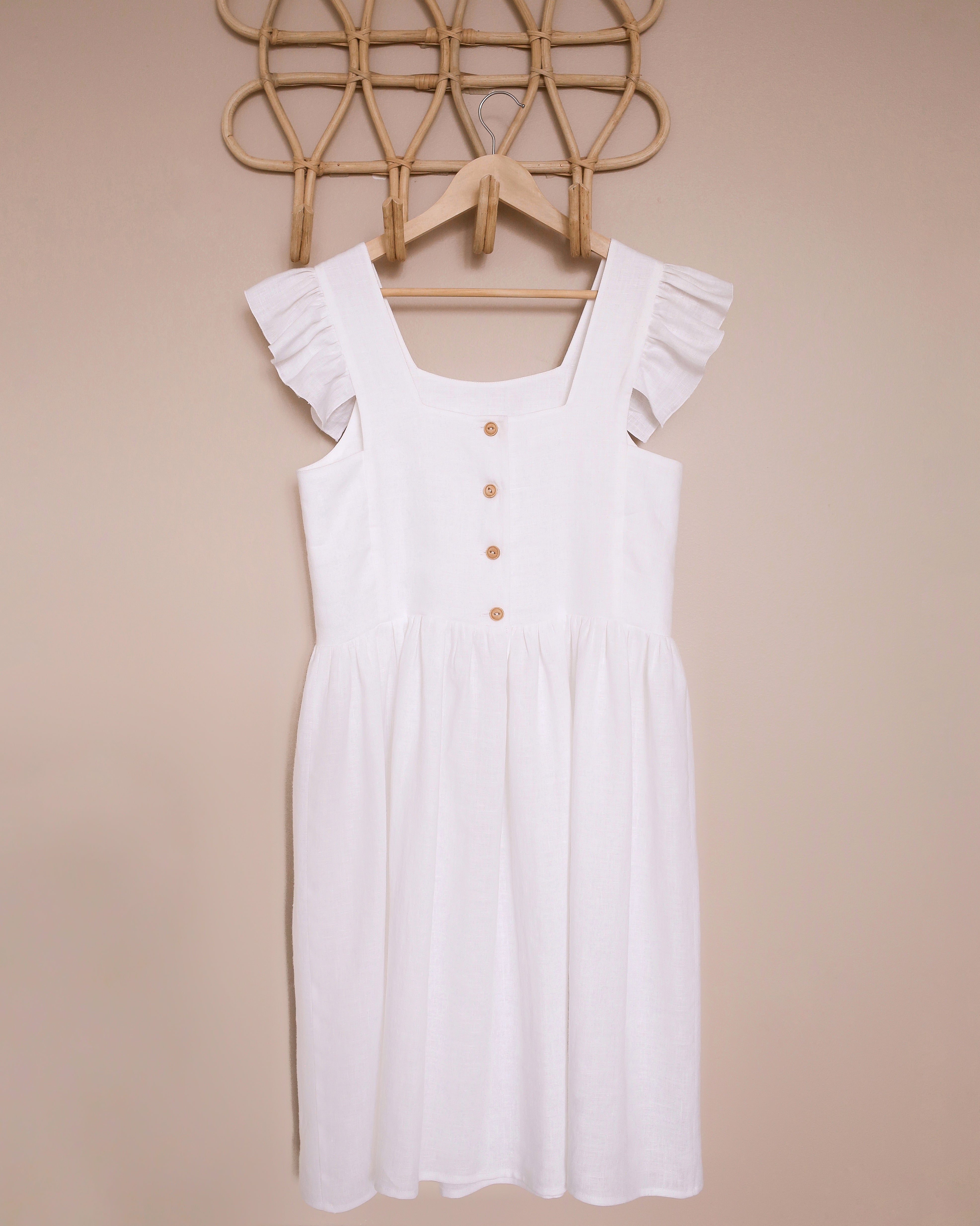 Women - Milk Linen Flutter Sleeve Square Neckline Dress with "Wildflowers with Butterfly" Embroidery