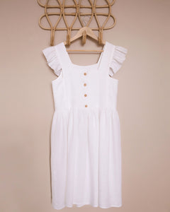 Women - Milk Linen Flutter Sleeve Square Neckline Dress with "Wildflowers with Butterfly" Embroidery