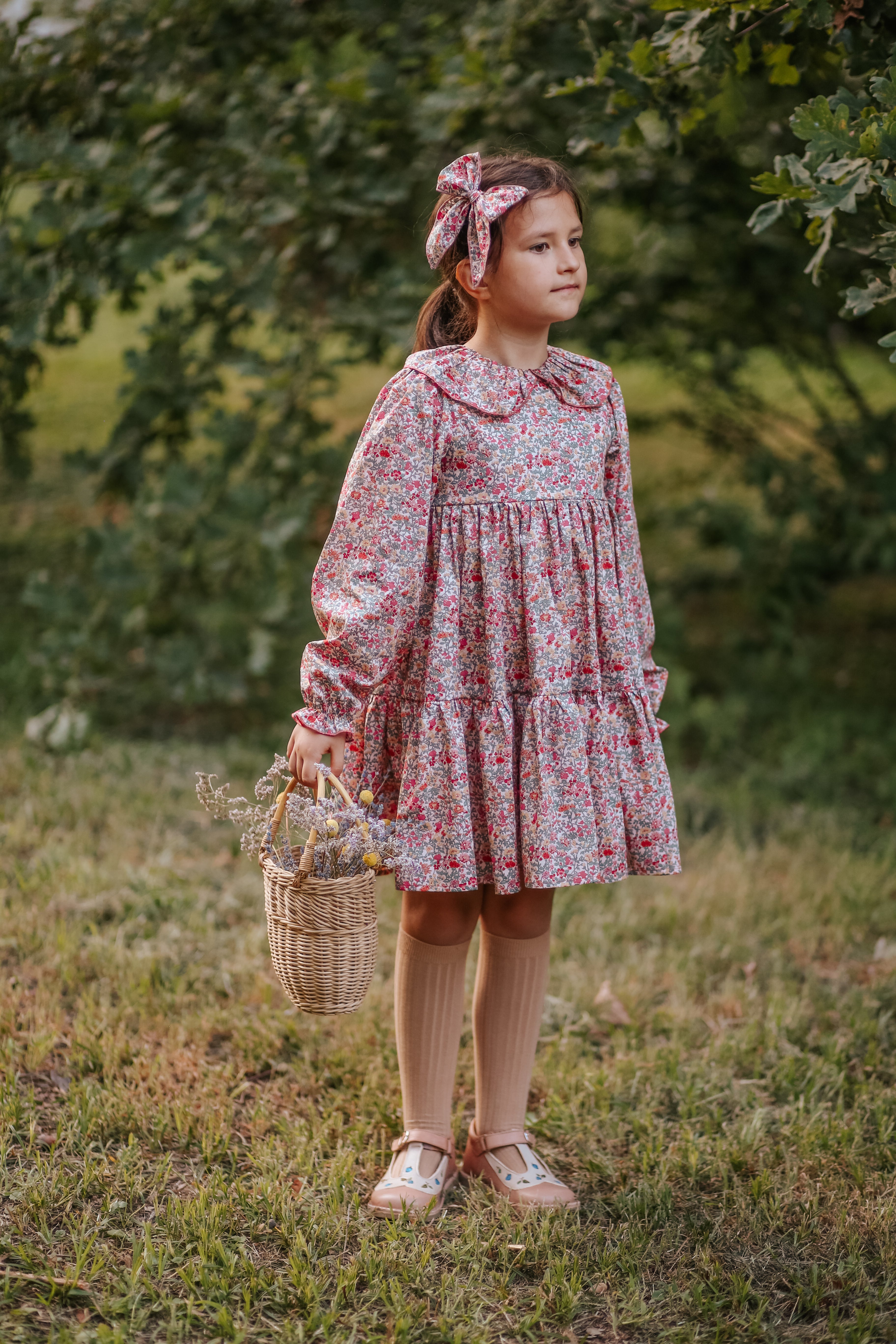 7-8 YRS - Long Sleeve Peter Pan Collar Tiered Dress in Babingdon Liberty Print