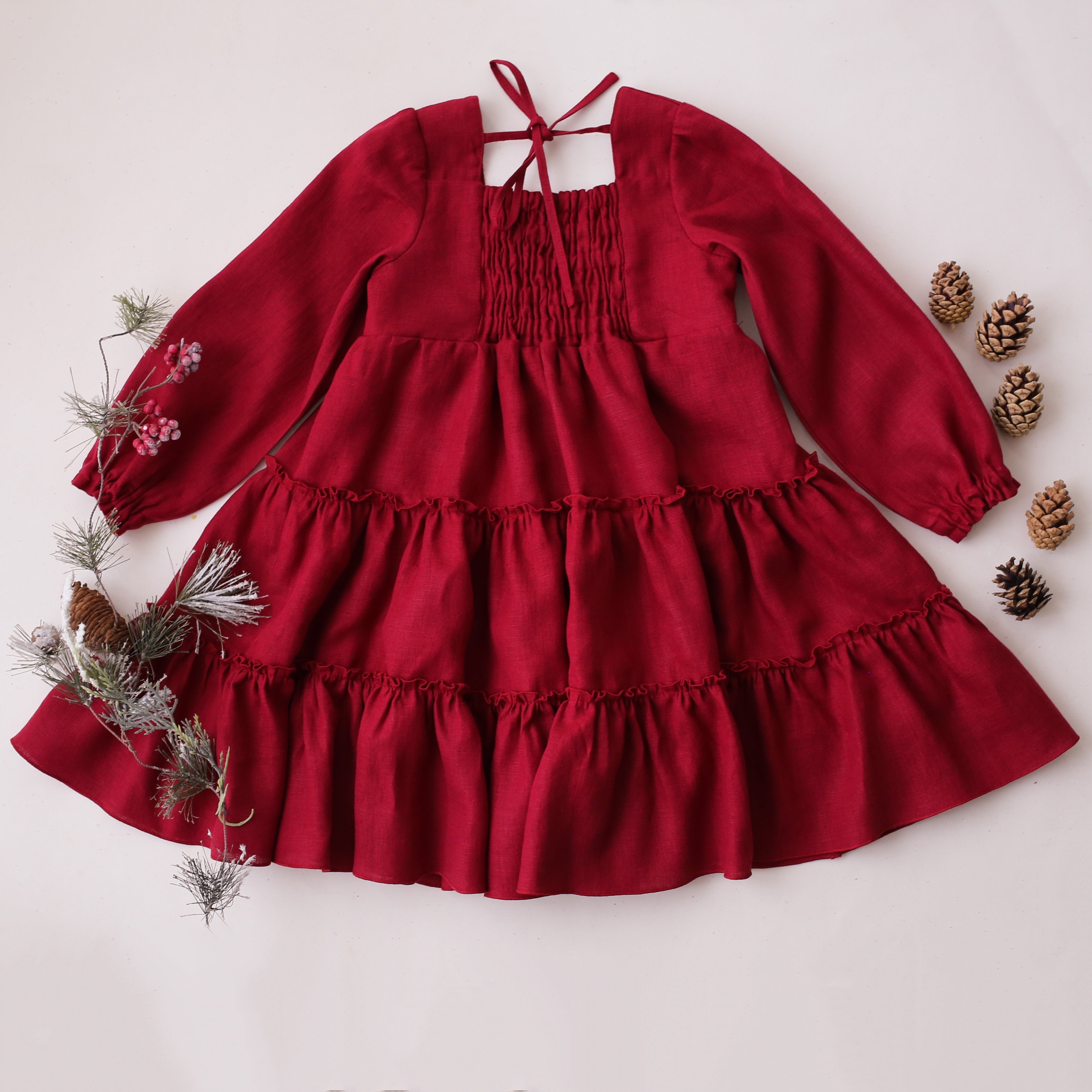 4-5 YRS - Berry Linen Long Sleeve Tiered Dress
