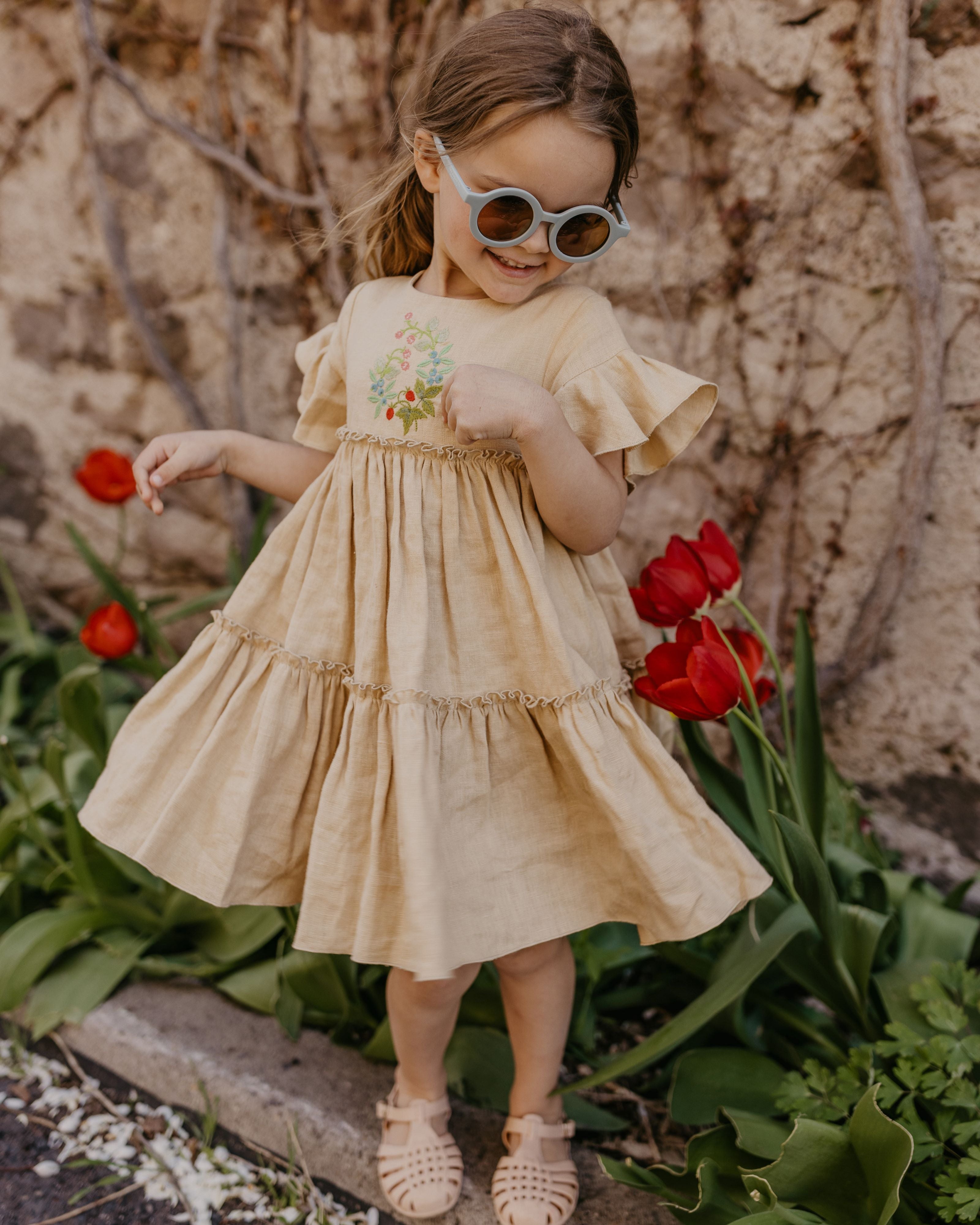 Powder Linen Flounce Sleeve Tiered Dress with "Wildflowers with Butterfly" Embroidery Powder Linen Flounce Sleeve Tiered Dress with "Wildflowers with Butterfly" Embroidery