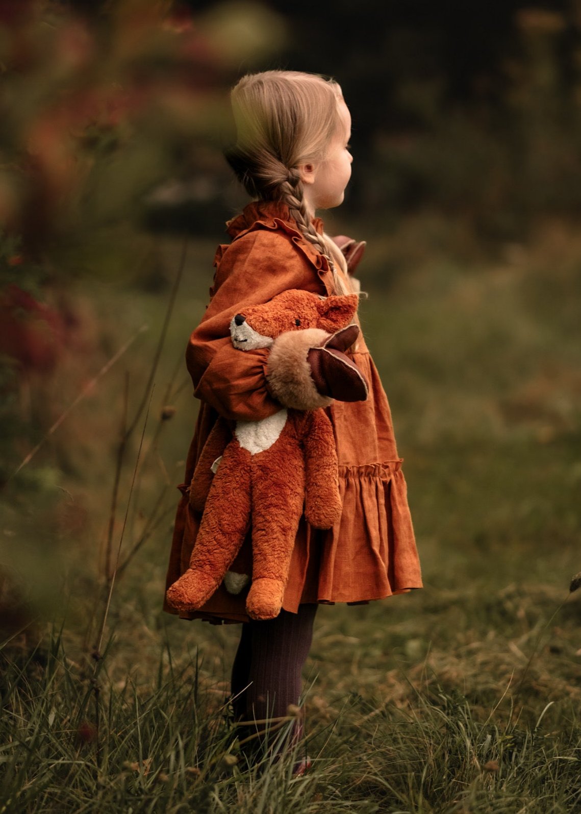 Burnt Orange Linen Long Sleeve Frills Bodice Tiered Dress