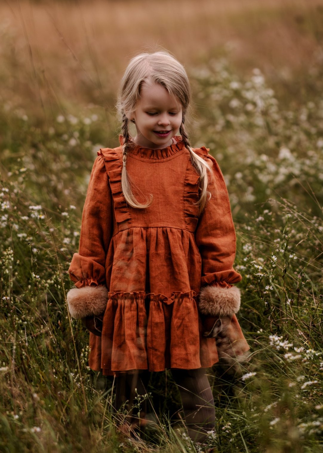 Burnt Orange Linen Long Sleeve Frills Bodice Tiered Dress